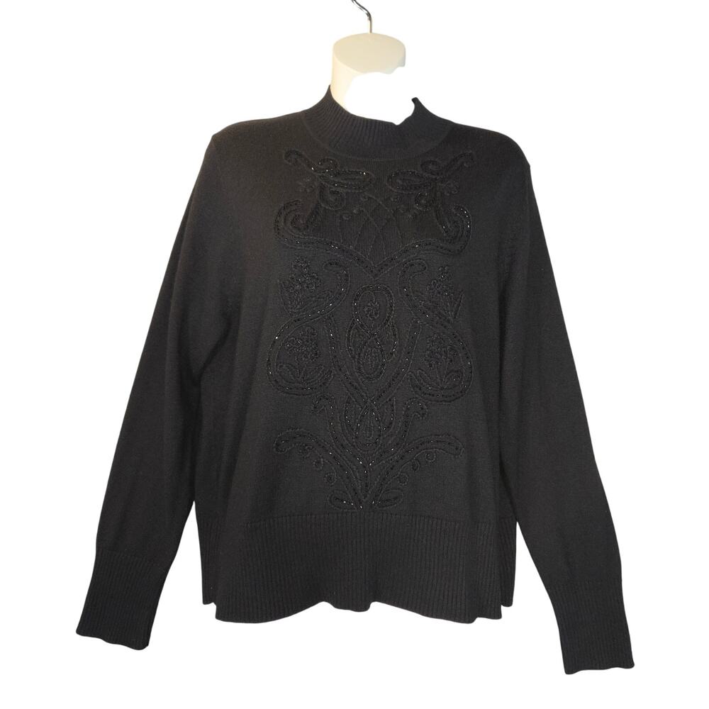 Koret Womens Large Black Sweater Embroidered Floral Beaded Knit Career‎ Neutral